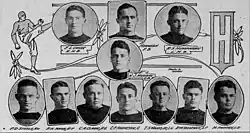 Illustrated page showing eleven photographs of football players