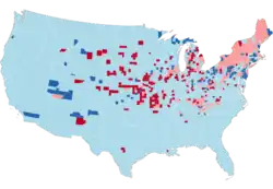 1932-36 County flips map, dark red indicates a Republican flip, dark blue indicates a Democratic flip, while light blue and light red indicate holds.