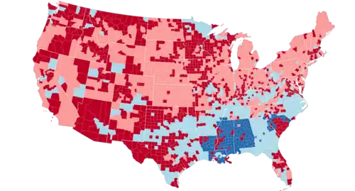 1948-52 Presidential election county flips, dark red indicating GOP flips, dark blue indicating Dem flips, and light shaded colors indicating holds.
