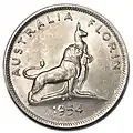 1954 Australian florin struck to commemorate the visit to Australia of Queen Elizabeth II on 3 Feb 1954