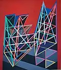 1968, Construction on Red Background. Acrylic on canvas, 183x160 cm
