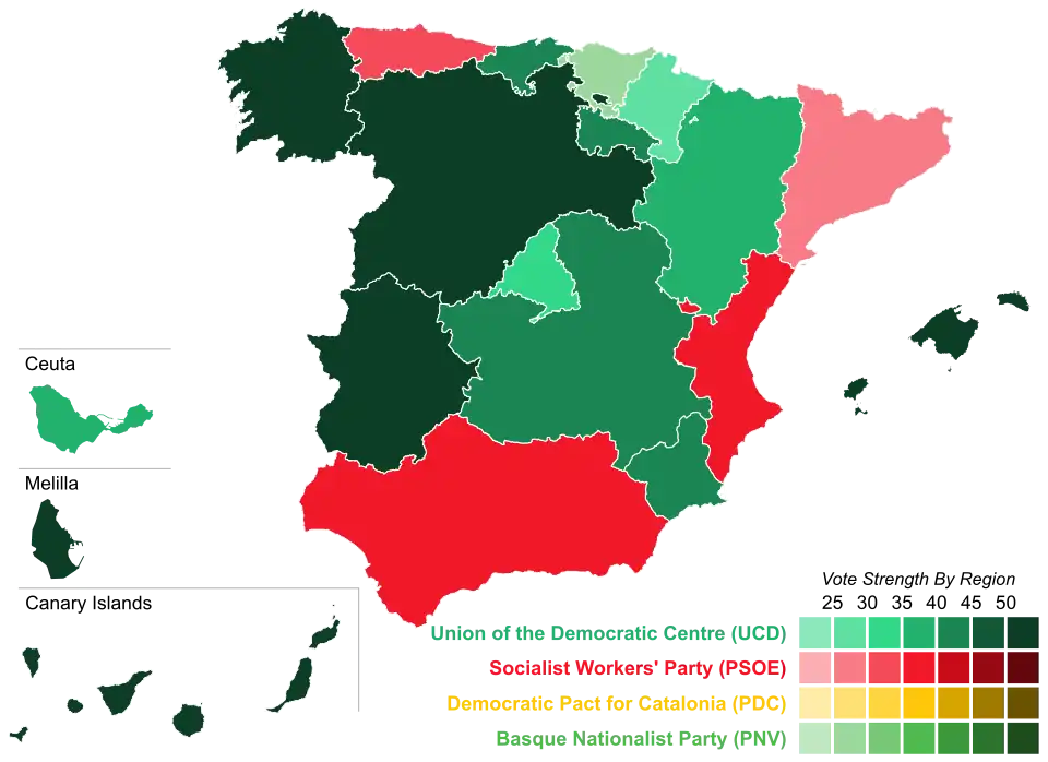 Map of Spain showcasing winning party's strength by autonomous community