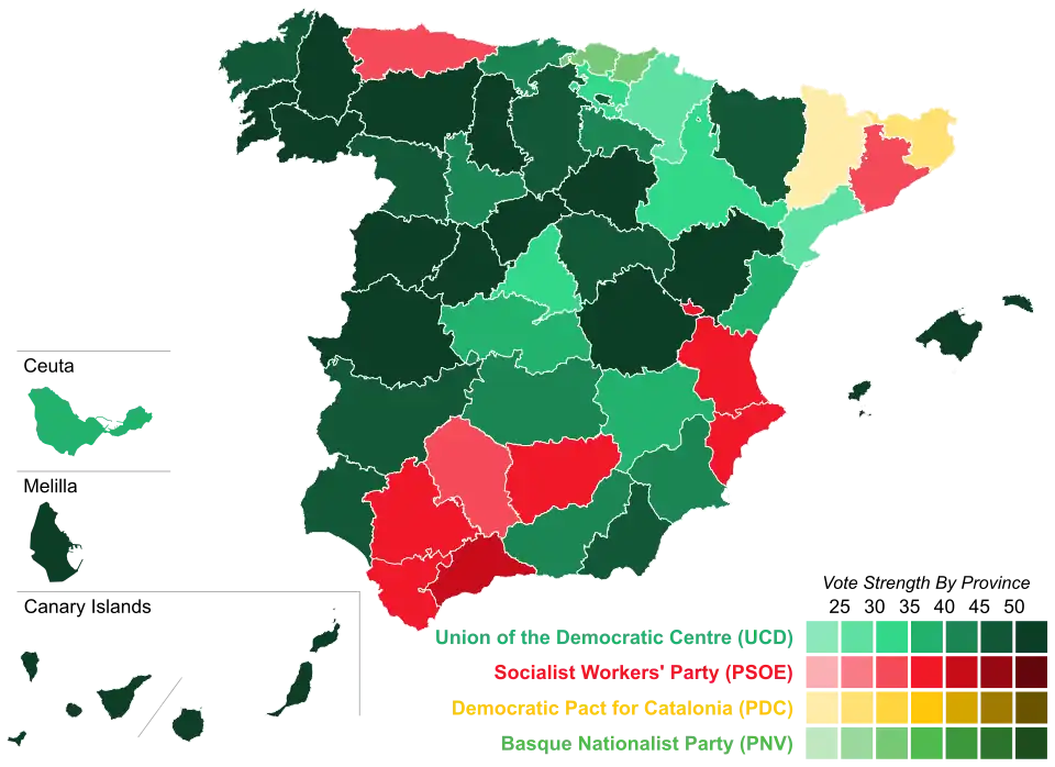 Map of Spain showcasing winning party's strength by constituency