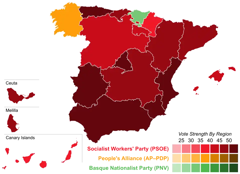 Map of Spain showcasing winning party's strength by autonomous community