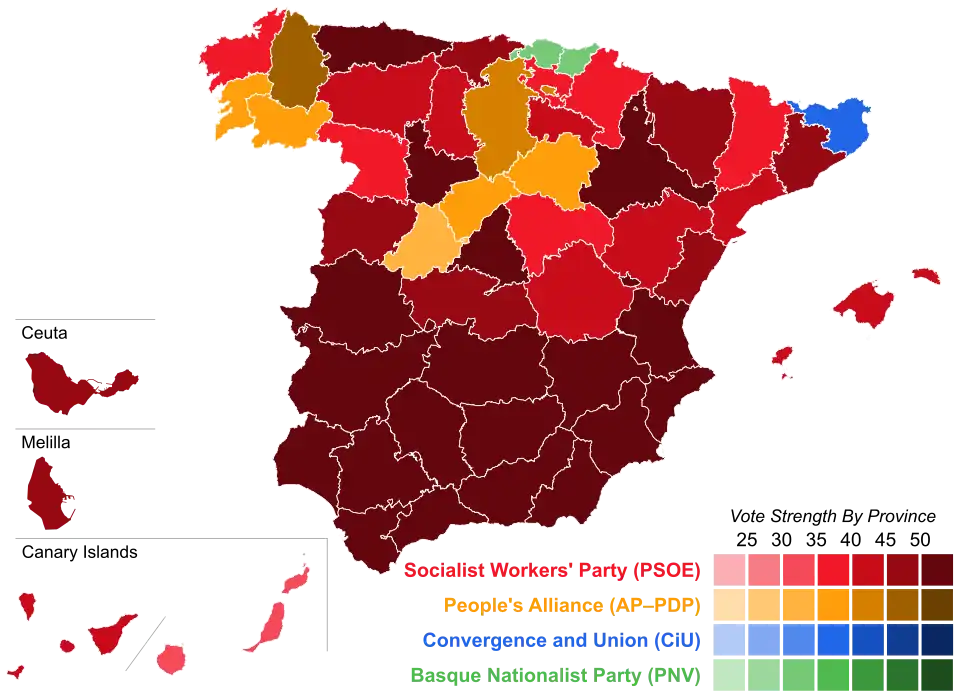 Map of Spain showcasing winning party's strength by constituency