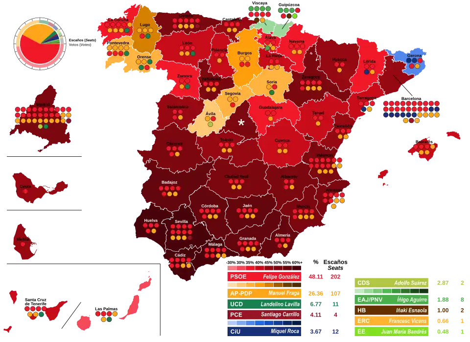Map of Spain showcasing seat distribution by Congress of Deputies constituency