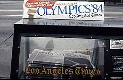 A Los Angeles Times news rack in 1984, with advertising for the 1984 Summer Olympics