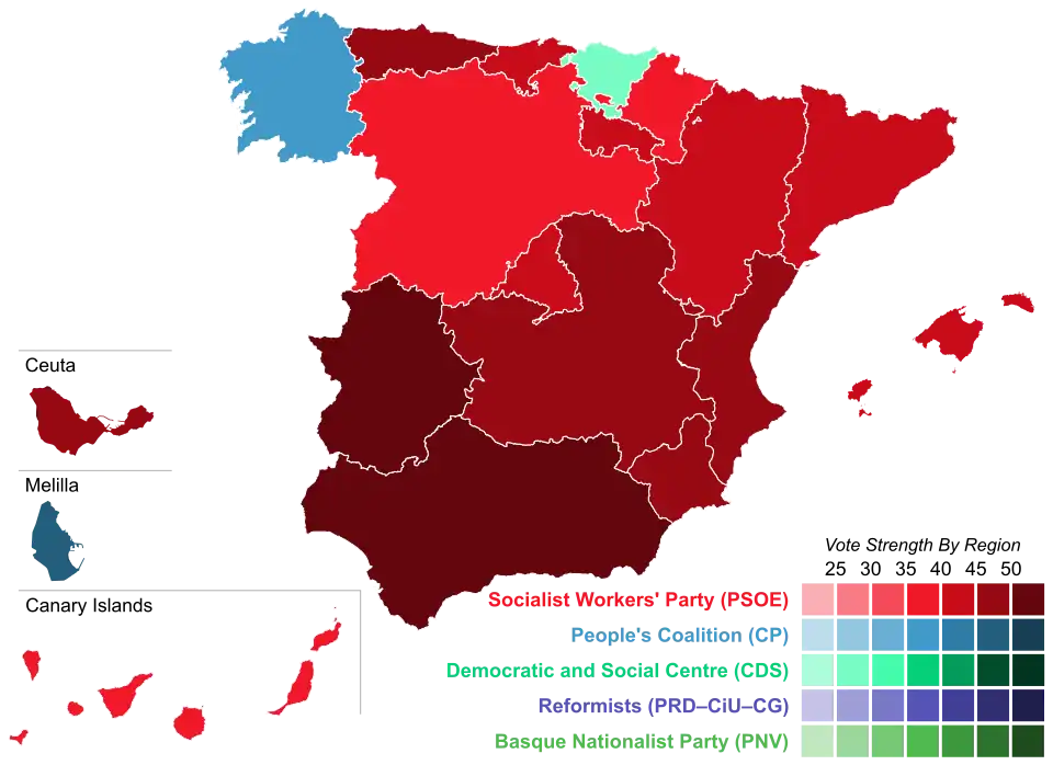 Map of Spain showcasing winning party's strength by autonomous community
