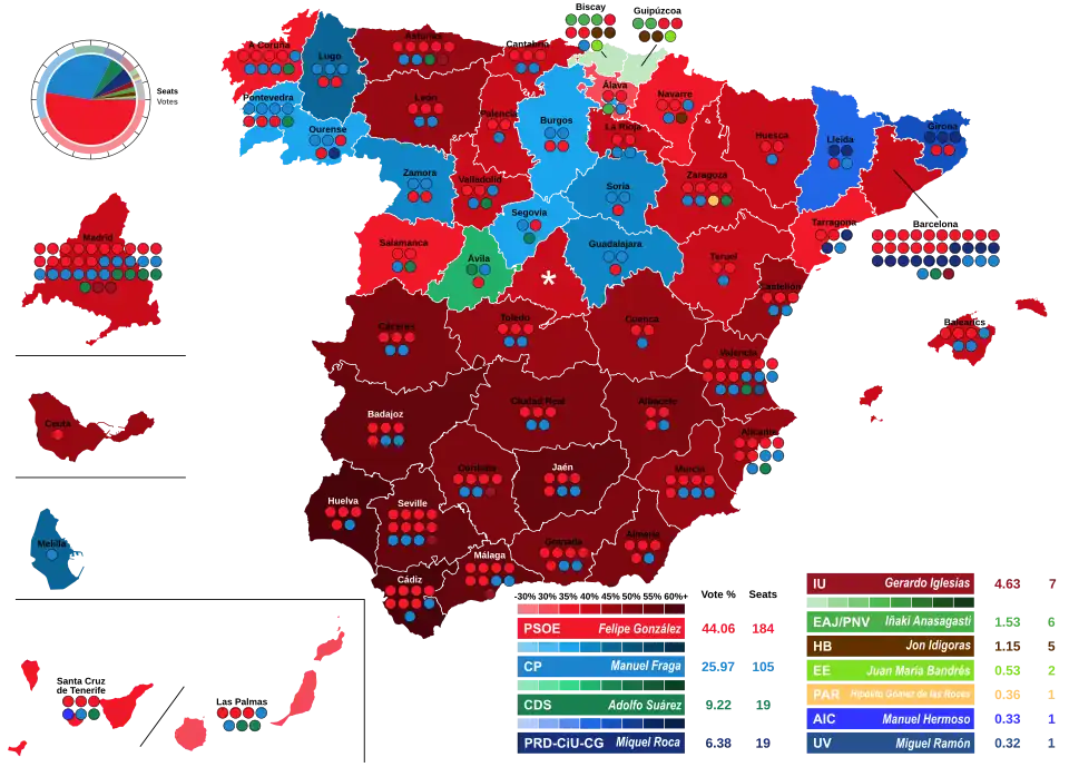 Map of Spain showcasing seat distribution by Congress of Deputies constituency