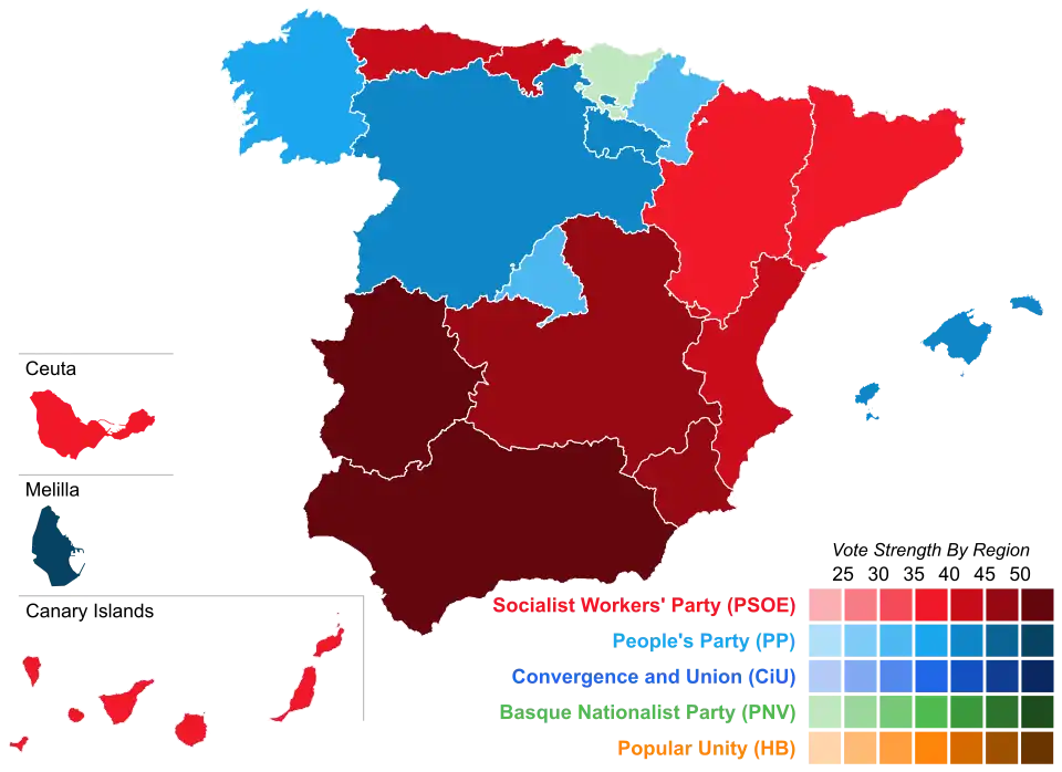 Map of Spain showcasing winning party's strength by autonomous community