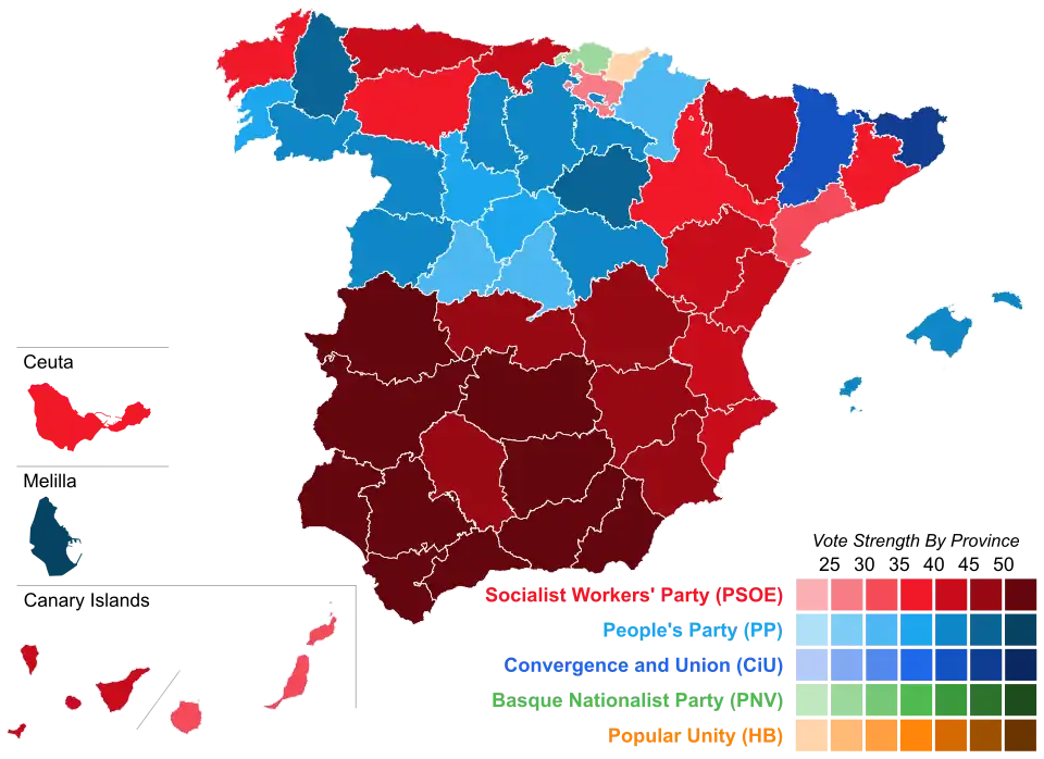 Map of Spain showcasing winning party's strength by constituency