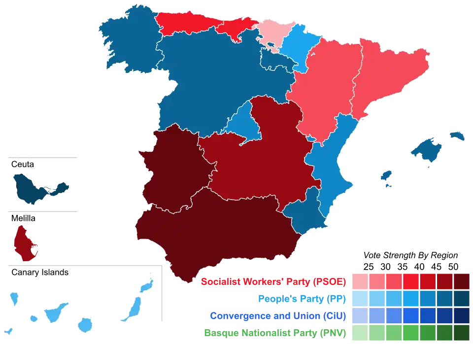 Map of Spain showcasing winning party's strength by autonomous community