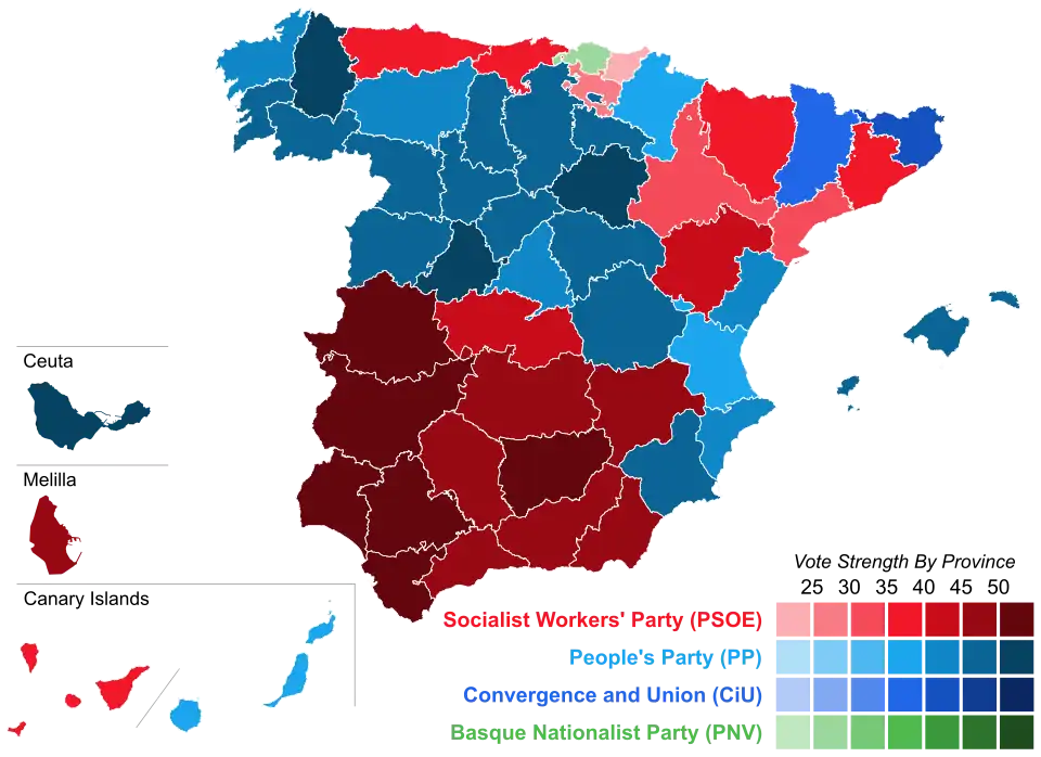 Map of Spain showcasing winning party's strength by constituency