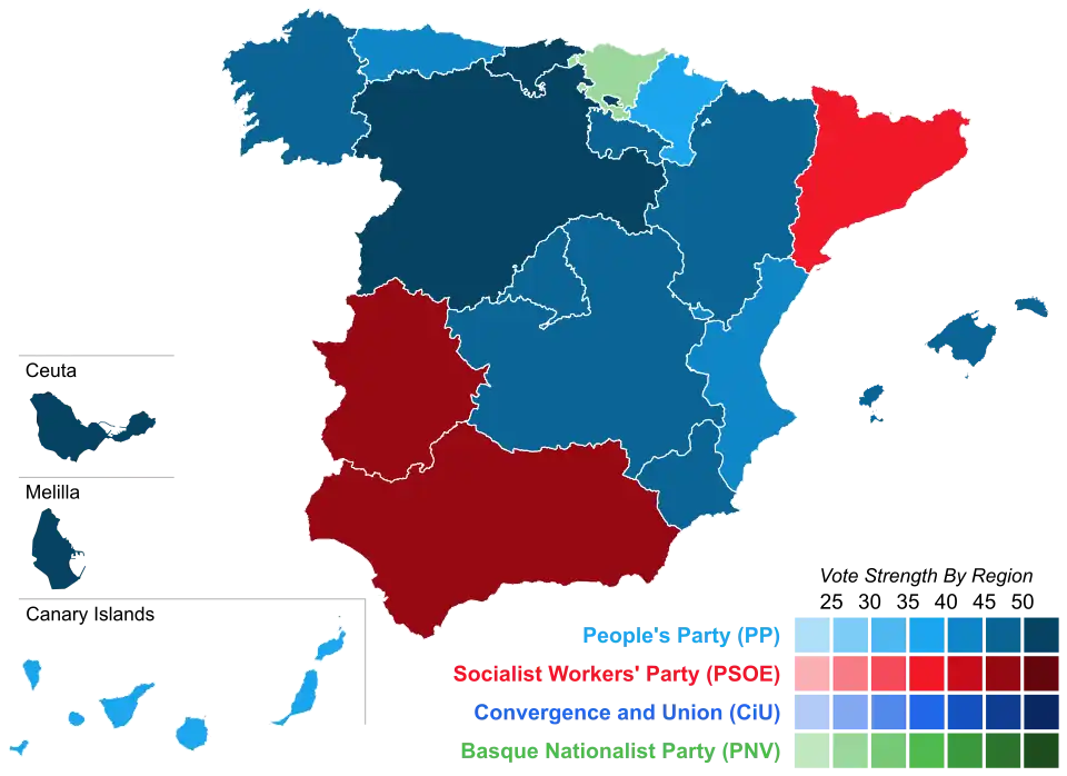 Map of Spain showcasing winning party's strength by autonomous community