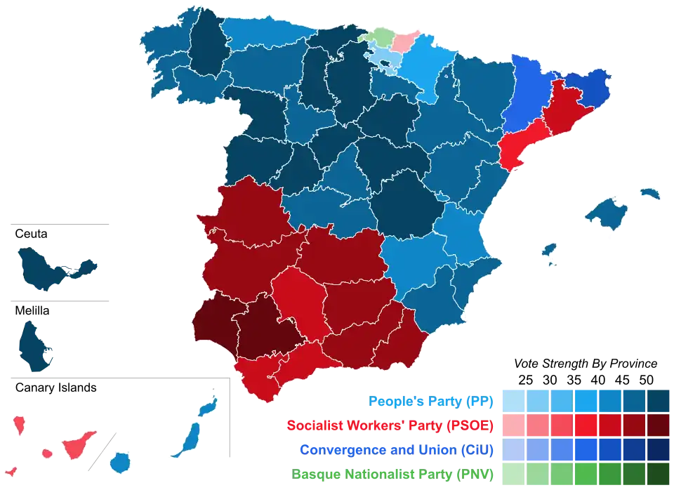 Map of Spain showcasing winning party's strength by constituency