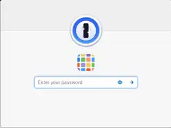 1Password (version 8)'s initial "Unlock" dialog, with logo resembling a pin tumbler lock cylinder's keyhole above a text field input for the user's account password