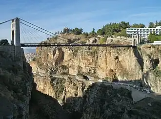 A suspension bridge crossing a deep rocky ravine