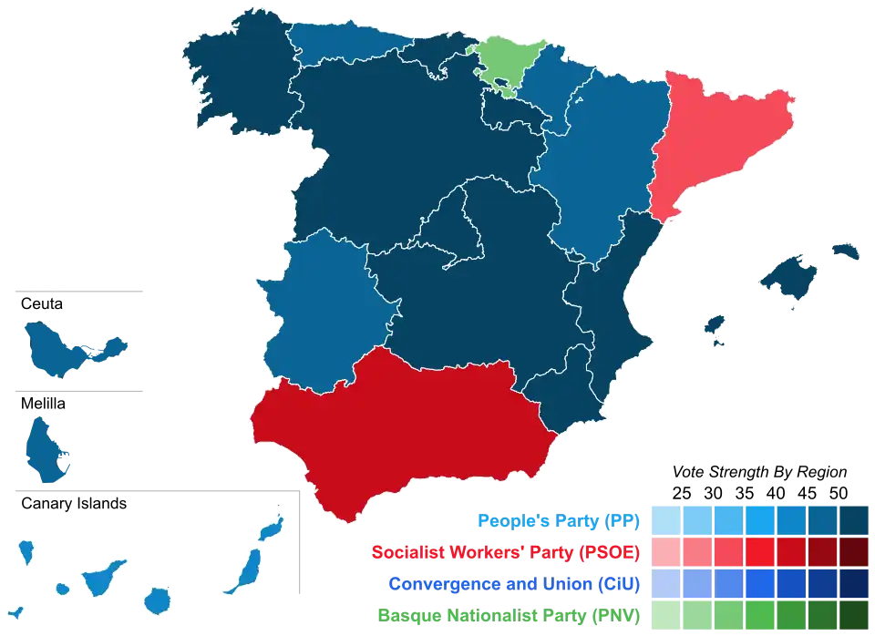 Map of Spain showcasing winning party's strength by autonomous community