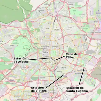 Map showing the locations of the 2004 Madrid train bombings