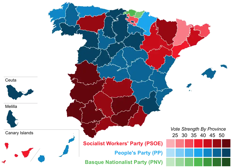 Map of Spain showcasing winning party's strength by constituency