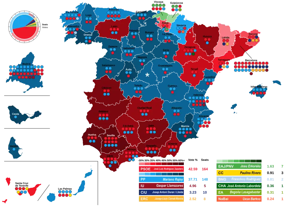 Map of Spain showcasing seat distribution by Congress of Deputies constituency