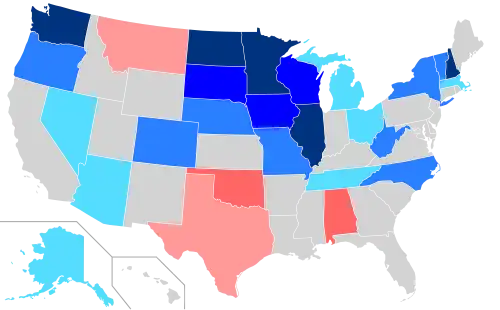 Net changes to upper house seats after the 2006 elections &nbsp;&nbsp;&nbsp;&nbsp;&nbsp;+1 Dem seat &nbsp;&nbsp;&nbsp;&nbsp;&nbsp;+2 Dem seats &nbsp;&nbsp;&nbsp;&nbsp;&nbsp;+4–5 Dem seats &nbsp;&nbsp;&nbsp;&nbsp;&nbsp;+6 Dem seats &nbsp;&nbsp;&nbsp;&nbsp;&nbsp;+1 Rep seat &nbsp;&nbsp;&nbsp;&nbsp;&nbsp;+2 Rep seats