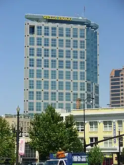 The Wells Fargo Center, a skyscraper with a two-bay FM antenna on a short tower
