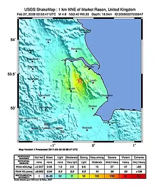 Map showing epicentre (star) and shaking intensity