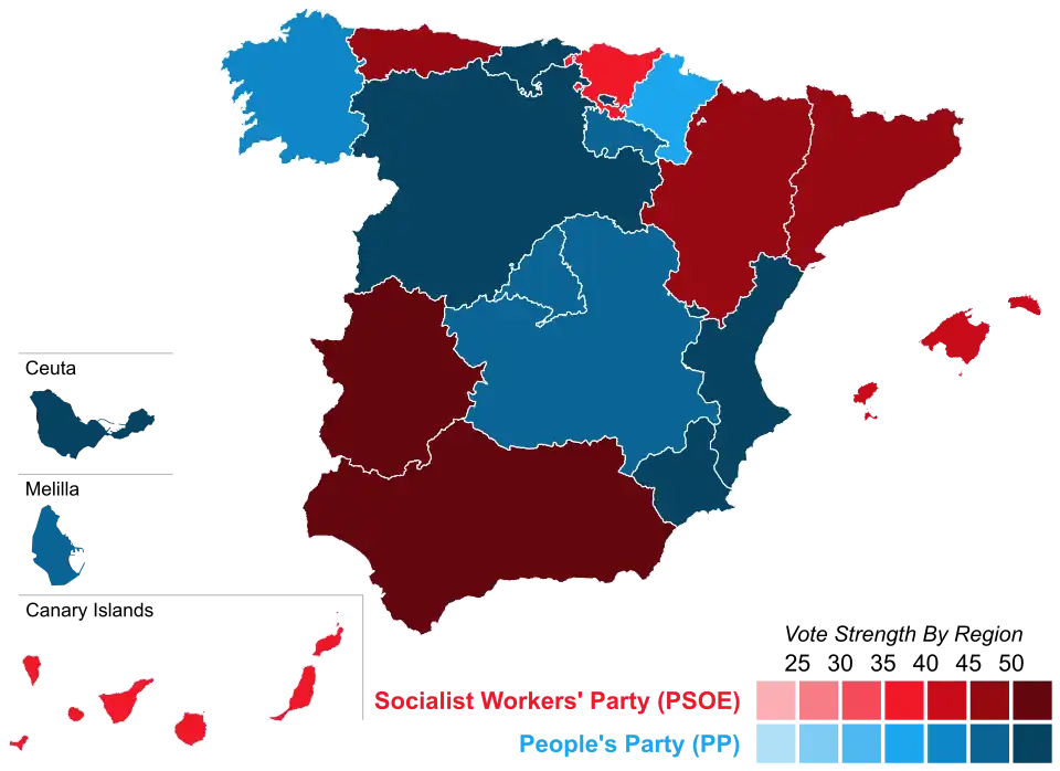 Map of Spain showcasing winning party's strength by autonomous community