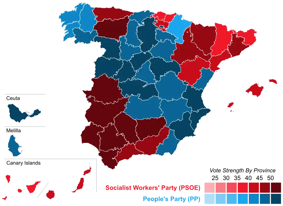 Map of Spain showcasing winning party's strength by constituency