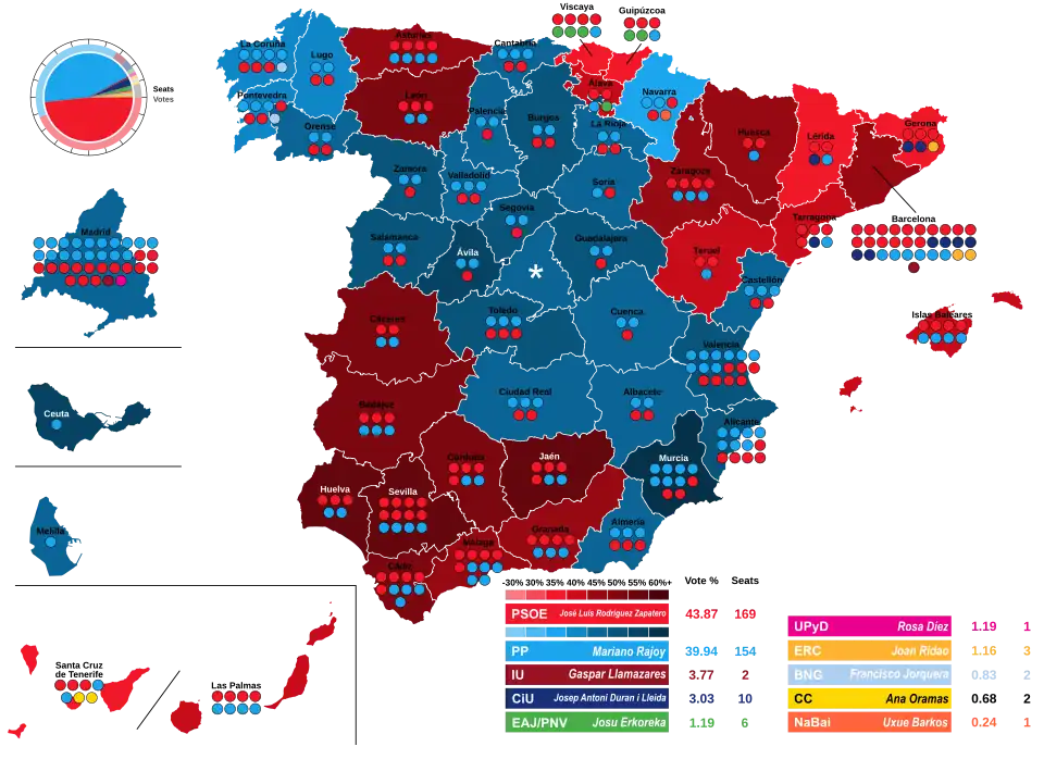 Map of Spain showcasing seat distribution by Congress of Deputies constituency