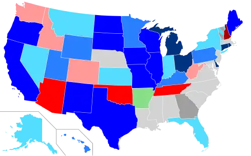 Net changes to lower house seats after the 2008 elections &nbsp;&nbsp;&nbsp;&nbsp;&nbsp;+1 Dem seat &nbsp;&nbsp;&nbsp;&nbsp;&nbsp;+2 Dem seats &nbsp;&nbsp;&nbsp;&nbsp;&nbsp;+3–5 Dem seats &nbsp;&nbsp;&nbsp;&nbsp;&nbsp;+6–9 Dem seats &nbsp;&nbsp;&nbsp;&nbsp;&nbsp;+1 Rep seat &nbsp;&nbsp;&nbsp;&nbsp;&nbsp;+2 Rep seats &nbsp;&nbsp;&nbsp;&nbsp;&nbsp;+4 Rep seats &nbsp;&nbsp;&nbsp;&nbsp;&nbsp;+15 Rep seats &nbsp;&nbsp;&nbsp;&nbsp;&nbsp;+1 Ind seat &nbsp;&nbsp;&nbsp;&nbsp;&nbsp;+1 Green seat