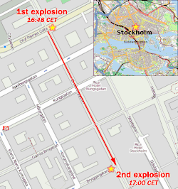 Street map showing the distance between the bombings (about three city blocks), with a larger map of Stockholm inset