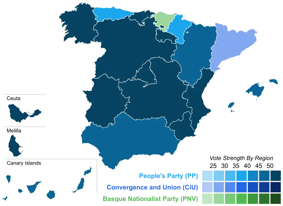 Map of Spain showcasing winning party's strength by autonomous community