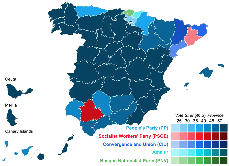 Map of Spain showcasing winning party's strength by constituency