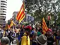 A Large group of Protesters wear Barretines and wave the Senyera at the 2012 Catalan Independence Protest