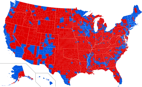 Results by county.[d] Blue denotes counties that went to Obama; red denotes counties that went to Romney. Hawaii, Massachusetts, Rhode Island, and Vermont had all counties go to Obama. Oklahoma, Utah, and West Virginia had all counties go to Romney.