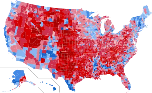 Results by county,[d] shaded according to winning candidate's percentage of the vote