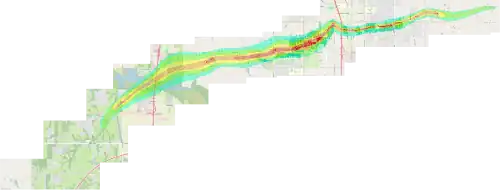 A map with several polygons and lines showing the tornado's strength at a given location