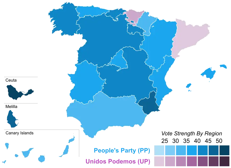 Map of Spain showcasing winning party's strength by autonomous community