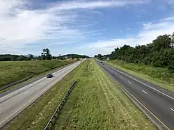 View west along Interstate 64 and south along Interstate 81 from the overpass for Virginia State Route 620 (Spotswood Road) in Spotswood.