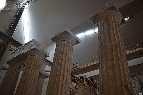 Ancient Greek Doric capitals in the Temple of Apollo at Bassae, Bassae, Greece, c.429-400 BC[17]