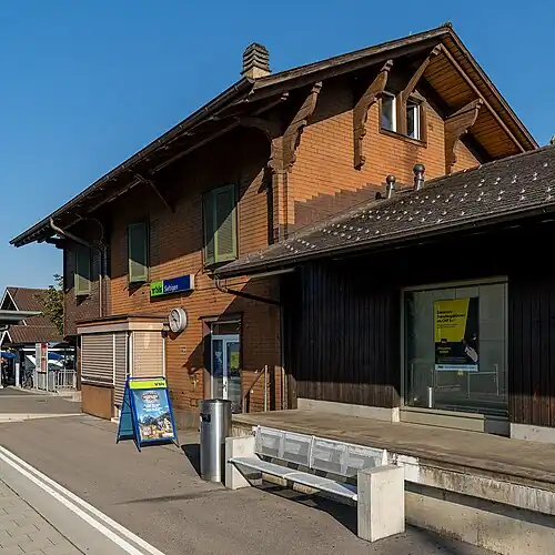 Two-story building with gabled roof