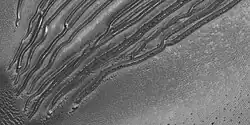 Close view of the end of gullies in Russell Crater, as seen by HiRISE Note: These types of gullies do not usually end with an apron. The location is Noachis quadrangle.