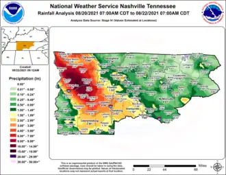 A map showing rainfall totals over the area affected by flooding.