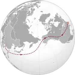 A map of the world, showing a snaking line from the middle of China, across the Pacific Ocean, through Alaska and Canada, and into the northwestern United States