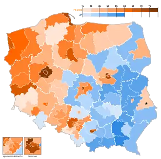 2023 Polish parliamentary election – Senate results, PiS (blue), Opposition (orange)