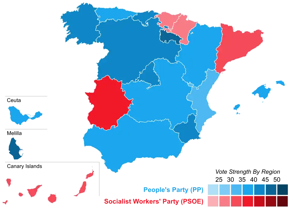 Map of Spain showcasing winning party's strength by autonomous community