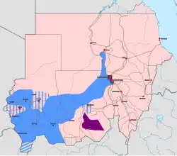 Territory controlled by the Rapid Support Forces in July 2023 colored in blue