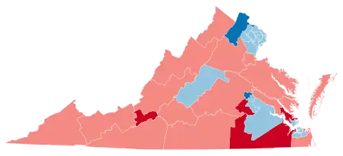 A map of Virginia showing the results of the 2023 Virginia Senate election, with Republican districts in red and Democratic districts in blue, with heavier shading showing which changed parties.